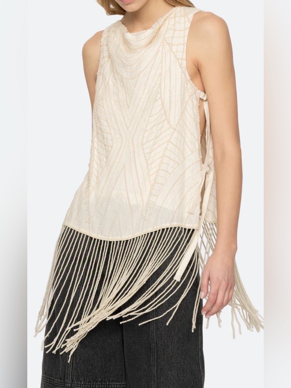 Sea New York Carlotta Pearl Beaded Fringe Top Cream